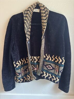 Vintage - Dia - Supersoft Black Cardigan with Multi-Color Geometric 90s Pattern